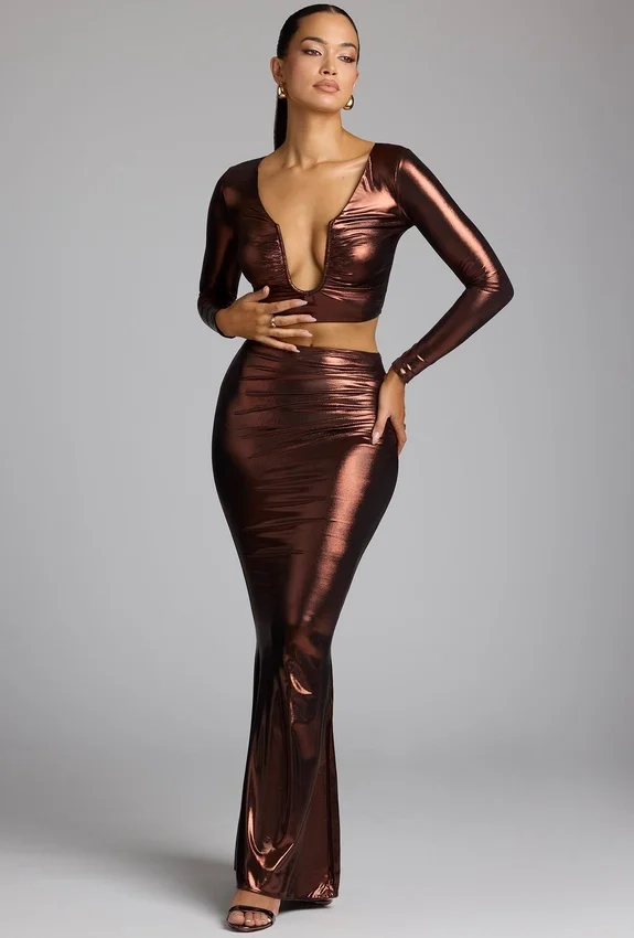Zahra Mid Rise Metallic Jersey Gown Skirt in Copper Bronze Zahra Mid Rise Metallic Jersey Gown Skirt in Copper Bronze