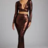Zahra Mid Rise Metallic Jersey Gown Skirt in Copper Bronze Zahra Mid Rise Metallic Jersey Gown Skirt in Copper Bronze