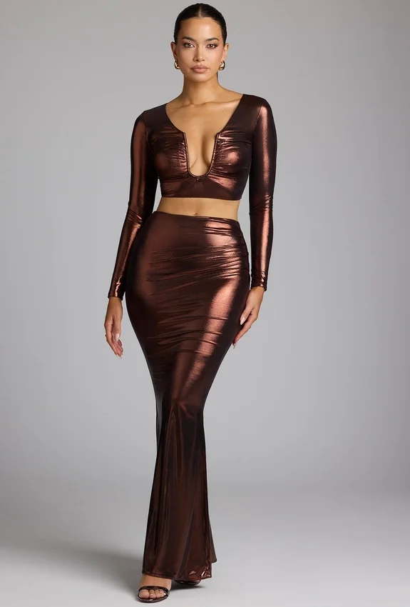 Zahra Mid Rise Metallic Jersey Gown Skirt in Copper Bronze Zahra Mid Rise Metallic Jersey Gown Skirt in Copper Bronze