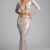 Zahra Mid Rise Metallic Jersey Gown Skirt in Light Gold Zahra Mid Rise Metallic Jersey Gown Skirt in Light Gold