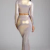 Zahra Mid Rise Metallic Jersey Gown Skirt in Light Gold Zahra Mid Rise Metallic Jersey Gown Skirt in Light Gold