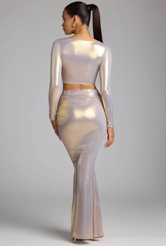 Zahra Mid Rise Metallic Jersey Gown Skirt in Light Gold Zahra Mid Rise Metallic Jersey Gown Skirt in Light Gold