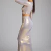 Zahra Mid Rise Metallic Jersey Gown Skirt in Light Gold Zahra Mid Rise Metallic Jersey Gown Skirt in Light Gold