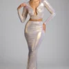 Zahra Mid Rise Metallic Jersey Gown Skirt in Light Gold Zahra Mid Rise Metallic Jersey Gown Skirt in Light Gold