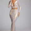 Zahra Mid Rise Metallic Jersey Gown Skirt in Light Gold Zahra Mid Rise Metallic Jersey Gown Skirt in Light Gold