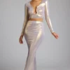 Zahra Mid Rise Metallic Jersey Gown Skirt in Light Gold Zahra Mid Rise Metallic Jersey Gown Skirt in Light Gold