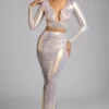 Zahra Mid Rise Metallic Jersey Gown Skirt in Light Gold Zahra Mid Rise Metallic Jersey Gown Skirt in Light Gold