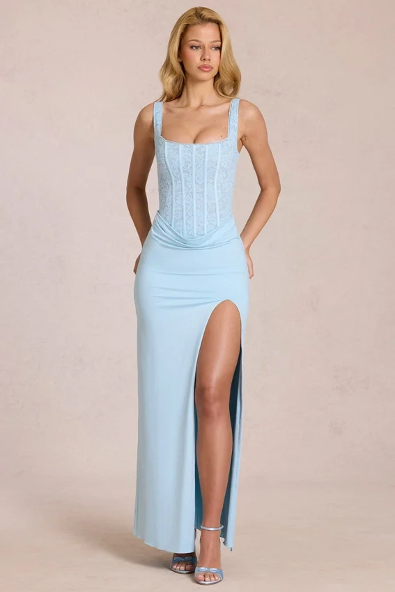 Zalia Lace Corset Maxi Dress in Powder Blue Zalia Lace Corset Maxi Dress in Powder Blue