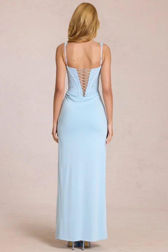 Zalia Lace Corset Maxi Dress in Powder Blue Zalia Lace Corset Maxi Dress in Powder Blue