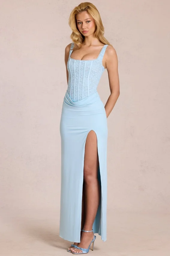 Zalia Lace Corset Maxi Dress in Powder Blue Zalia Lace Corset Maxi Dress in Powder Blue