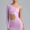 Zanab Metallic Cut-Out One-Shoulder Mini Dress in Violet Pink Zanab Metallic Cut-Out One-Shoulder Mini Dress in Violet Pink