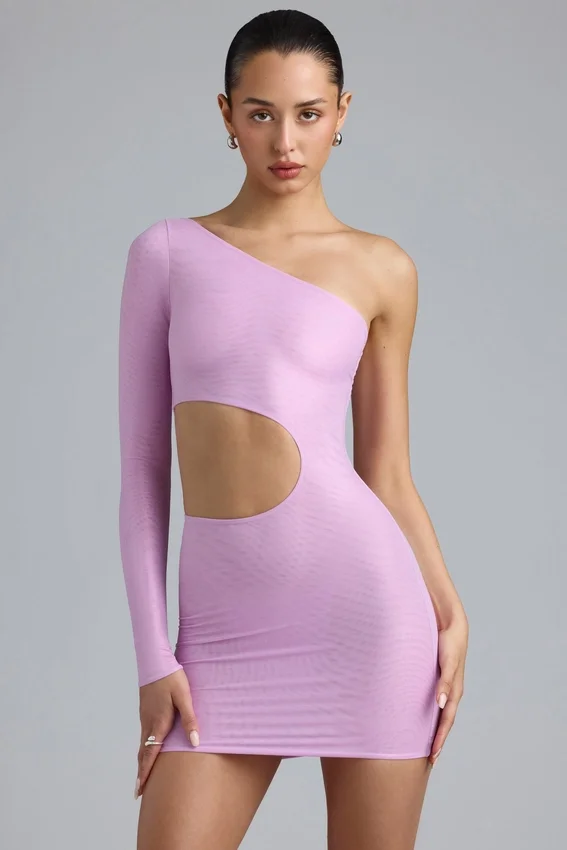 Zanab Metallic Cut-Out One-Shoulder Mini Dress in Violet Pink Zanab Metallic Cut-Out One-Shoulder Mini Dress in Violet Pink