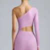 Zanab Metallic Cut-Out One-Shoulder Mini Dress in Violet Pink Zanab Metallic Cut-Out One-Shoulder Mini Dress in Violet Pink