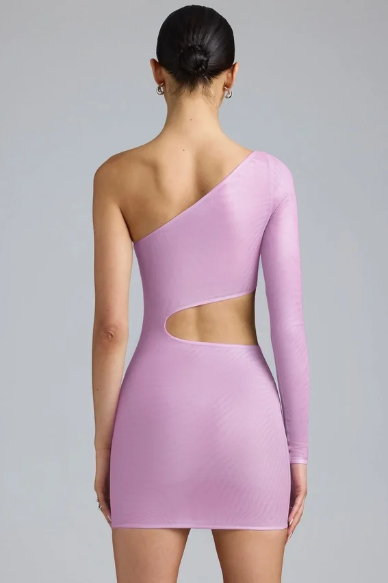 Zanab Metallic Cut-Out One-Shoulder Mini Dress in Violet Pink Zanab Metallic Cut-Out One-Shoulder Mini Dress in Violet Pink