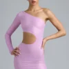 Zanab Metallic Cut-Out One-Shoulder Mini Dress in Violet Pink Zanab Metallic Cut-Out One-Shoulder Mini Dress in Violet Pink