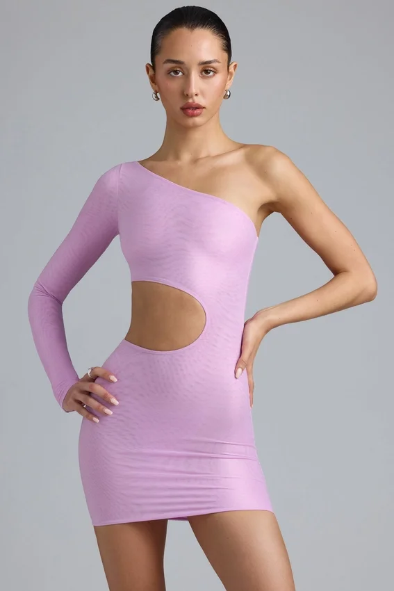 Zanab Metallic Cut-Out One-Shoulder Mini Dress in Violet Pink Zanab Metallic Cut-Out One-Shoulder Mini Dress in Violet Pink