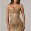 Zara Embellished Bandeau Cowl-Waist Mini Dress in Gold Zara Embellished Bandeau Cowl-Waist Mini Dress in Gold