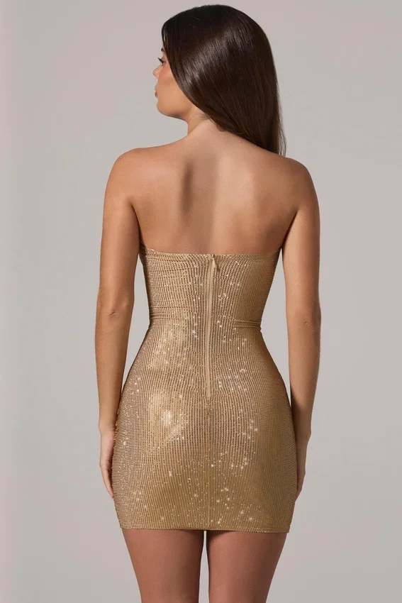 Zara Embellished Bandeau Cowl-Waist Mini Dress in Gold Zara Embellished Bandeau Cowl-Waist Mini Dress in Gold