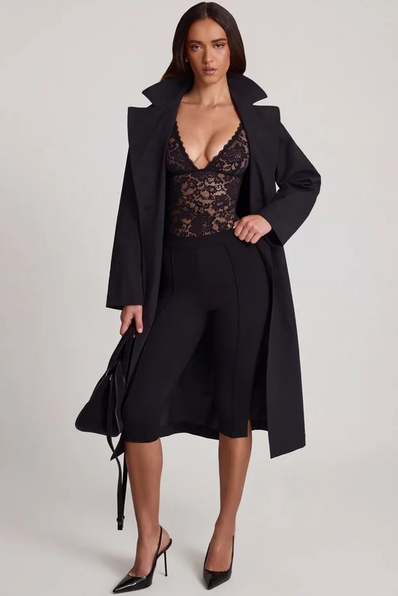 Zayla Sheer Lace Scalloped Plunge-Neck Bodysuit in Black Zayla Sheer Lace Scalloped Plunge-Neck Bodysuit in Black