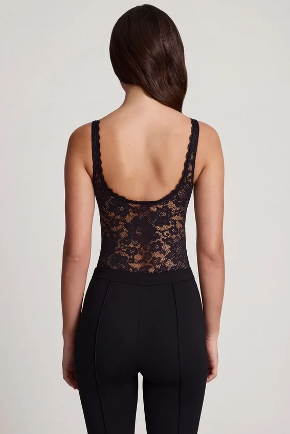 Zayla Sheer Lace Scalloped Plunge-Neck Bodysuit in Black Zayla Sheer Lace Scalloped Plunge-Neck Bodysuit in Black