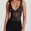 Zayla Sheer Lace Scalloped Plunge-Neck Bodysuit in Black Zayla Sheer Lace Scalloped Plunge-Neck Bodysuit in Black