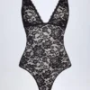 Zayla Sheer Lace Scalloped Plunge-Neck Bodysuit in Black Zayla Sheer Lace Scalloped Plunge-Neck Bodysuit in Black