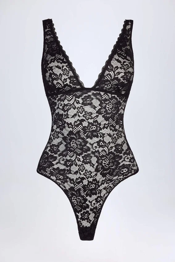 Zayla Sheer Lace Scalloped Plunge-Neck Bodysuit in Black Zayla Sheer Lace Scalloped Plunge-Neck Bodysuit in Black