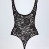 Zayla Sheer Lace Scalloped Plunge-Neck Bodysuit in Black Zayla Sheer Lace Scalloped Plunge-Neck Bodysuit in Black