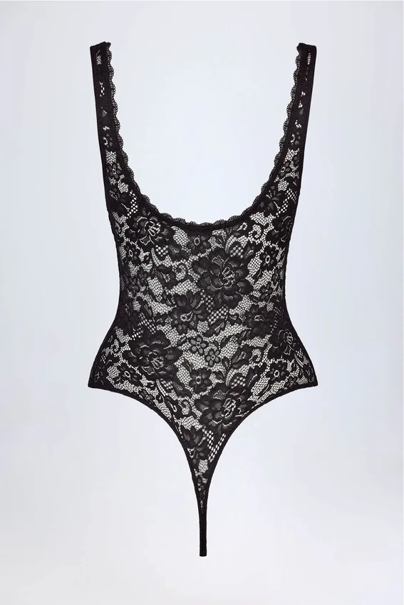 Zayla Sheer Lace Scalloped Plunge-Neck Bodysuit in Black Zayla Sheer Lace Scalloped Plunge-Neck Bodysuit in Black