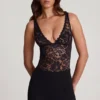 Zayla Sheer Lace Scalloped Plunge-Neck Bodysuit in Black Zayla Sheer Lace Scalloped Plunge-Neck Bodysuit in Black