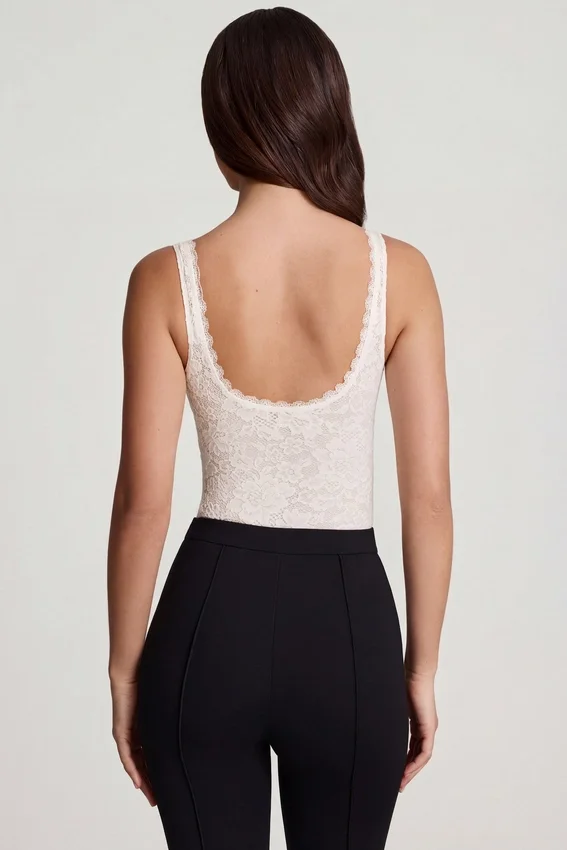 Zayla Sheer Lace Scalloped Plunge-Neck Bodysuit in White Zayla Sheer Lace Scalloped Plunge-Neck Bodysuit in White