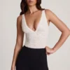 Zayla Sheer Lace Scalloped Plunge-Neck Bodysuit in White Zayla Sheer Lace Scalloped Plunge-Neck Bodysuit in White