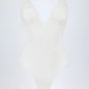 Zayla Sheer Lace Scalloped Plunge-Neck Bodysuit in White Zayla Sheer Lace Scalloped Plunge-Neck Bodysuit in White