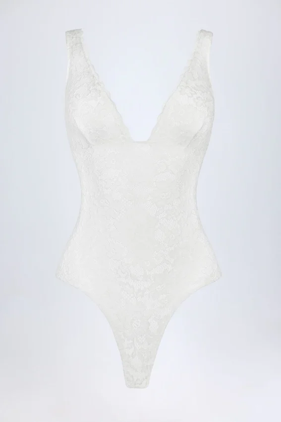 Zayla Sheer Lace Scalloped Plunge-Neck Bodysuit in White Zayla Sheer Lace Scalloped Plunge-Neck Bodysuit in White