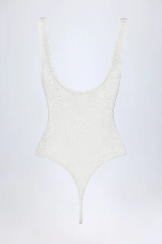 Zayla Sheer Lace Scalloped Plunge-Neck Bodysuit in White Zayla Sheer Lace Scalloped Plunge-Neck Bodysuit in White