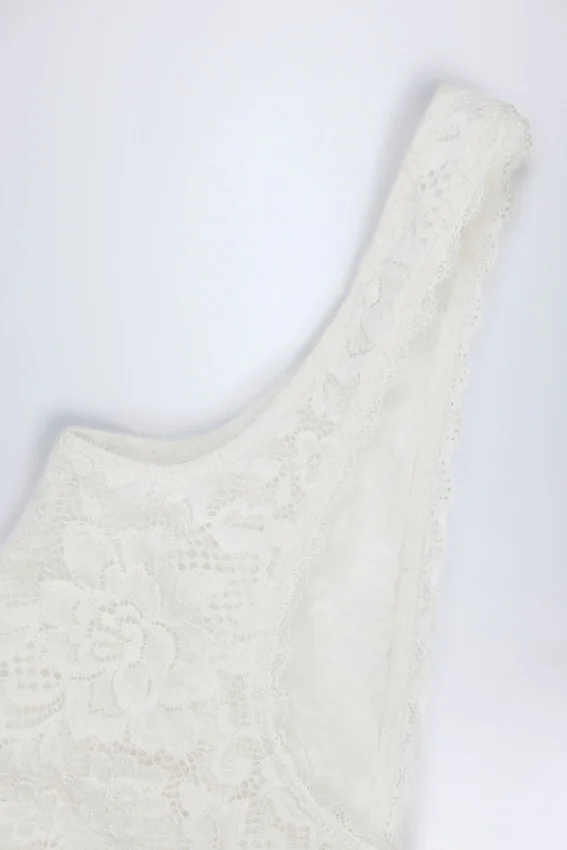 Zayla Sheer Lace Scalloped Plunge-Neck Bodysuit in White Zayla Sheer Lace Scalloped Plunge-Neck Bodysuit in White