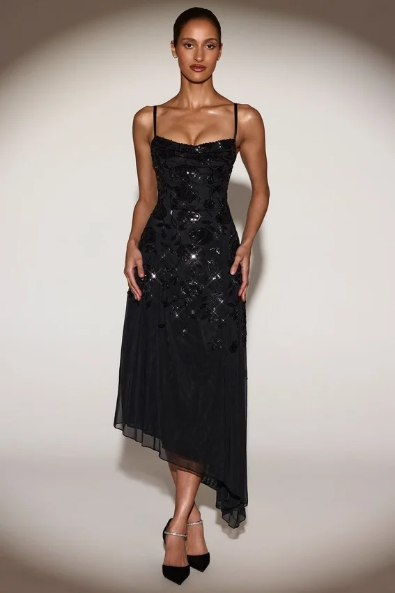 Zelina Embellished Soft-Scoop Asymmetric Midaxi Dress in Black Zelina Embellished Soft-Scoop Asymmetric Midaxi Dress in Black