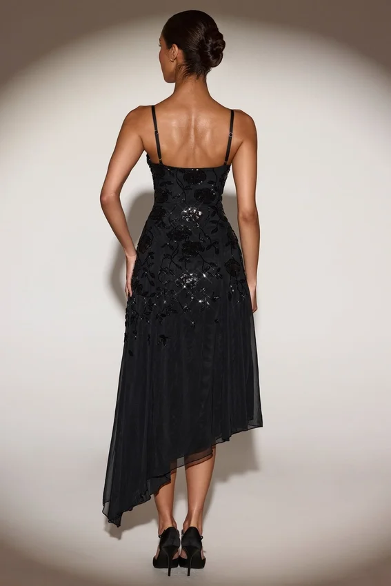 Zelina Embellished Soft-Scoop Asymmetric Midaxi Dress in Black Zelina Embellished Soft-Scoop Asymmetric Midaxi Dress in Black