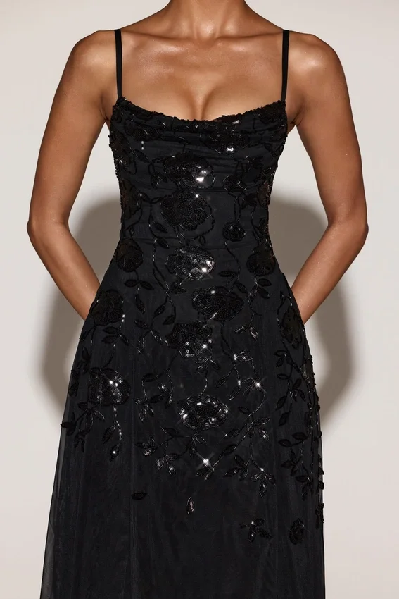 Zelina Embellished Soft-Scoop Asymmetric Midaxi Dress in Black Zelina Embellished Soft-Scoop Asymmetric Midaxi Dress in Black