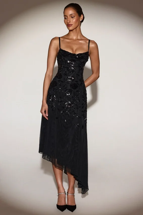 Zelina Embellished Soft-Scoop Asymmetric Midaxi Dress in Black Zelina Embellished Soft-Scoop Asymmetric Midaxi Dress in Black