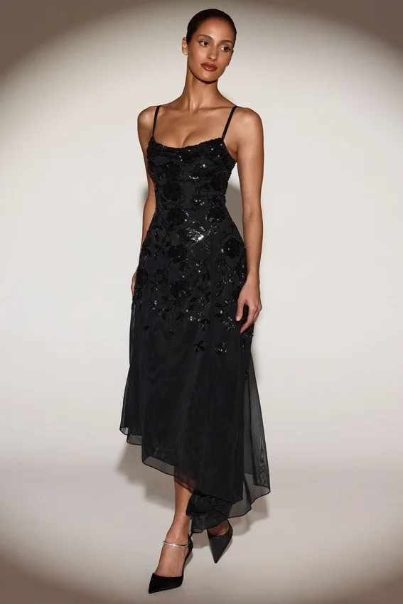 Zelina Embellished Soft-Scoop Asymmetric Midaxi Dress in Black Zelina Embellished Soft-Scoop Asymmetric Midaxi Dress in Black