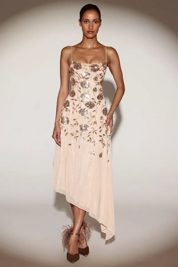 Zelina Embellished Soft-Scoop Asymmetric Midaxi Dress in Gold Zelina Embellished Soft-Scoop Asymmetric Midaxi Dress in Gold