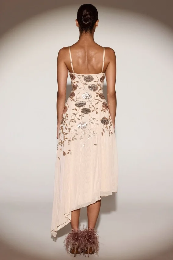 Zelina Embellished Soft-Scoop Asymmetric Midaxi Dress in Gold Zelina Embellished Soft-Scoop Asymmetric Midaxi Dress in Gold