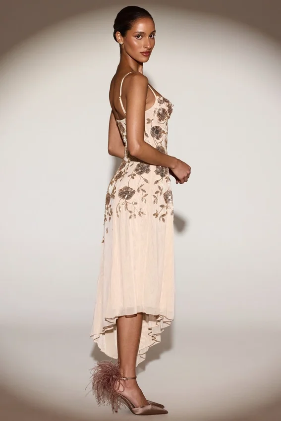 Zelina Embellished Soft-Scoop Asymmetric Midaxi Dress in Gold Zelina Embellished Soft-Scoop Asymmetric Midaxi Dress in Gold