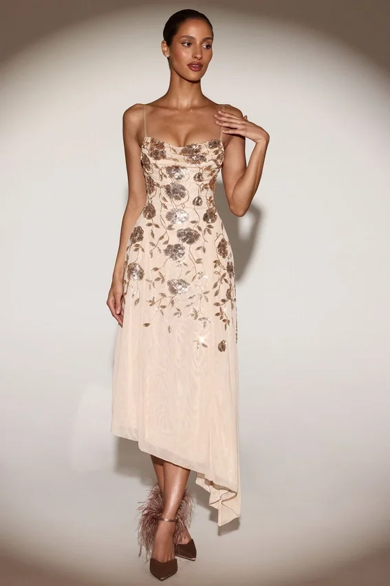 Zelina Embellished Soft-Scoop Asymmetric Midaxi Dress in Gold Zelina Embellished Soft-Scoop Asymmetric Midaxi Dress in Gold