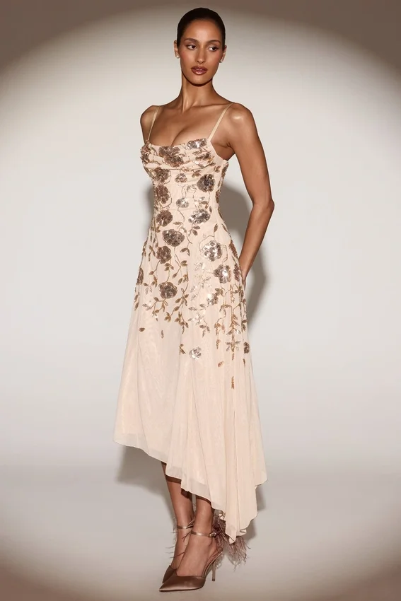 Zelina Embellished Soft-Scoop Asymmetric Midaxi Dress in Gold Zelina Embellished Soft-Scoop Asymmetric Midaxi Dress in Gold