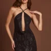 Zelinda Embellished Halterneck Cowl A-line Mini Dress in Black Zelinda Embellished Halterneck Cowl A-line Mini Dress in Black