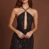 Zelinda Embellished Halterneck Cowl A-line Mini Dress in Black Zelinda Embellished Halterneck Cowl A-line Mini Dress in Black
