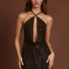 Zelinda Embellished Halterneck Cowl A-line Mini Dress in Brown Snake Zelinda Embellished Halterneck Cowl A-line Mini Dress in Brown Snake