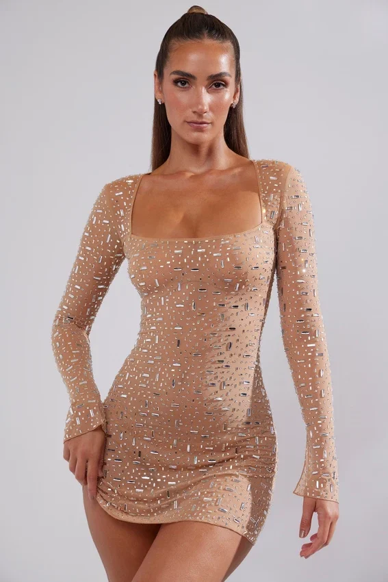 Zeta Sheer Embellished Long Sleeve A-Line Mini Dress in Almond Zeta Sheer Embellished Long Sleeve A-Line Mini Dress in Almond